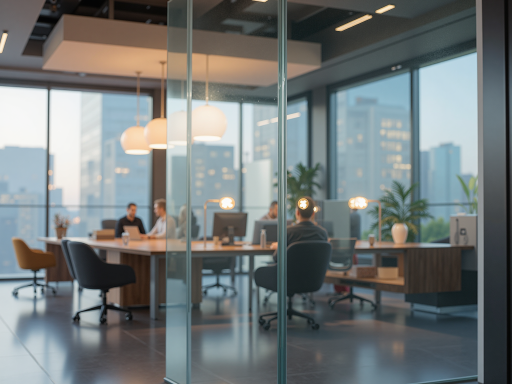 Modern office environment with spacious meeting room, employees discussing project plans, blue background, business atmosphere