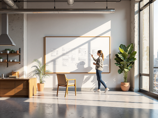 Corporate vision board with mission statement, values displayed on wall, modern office setting, professional environment